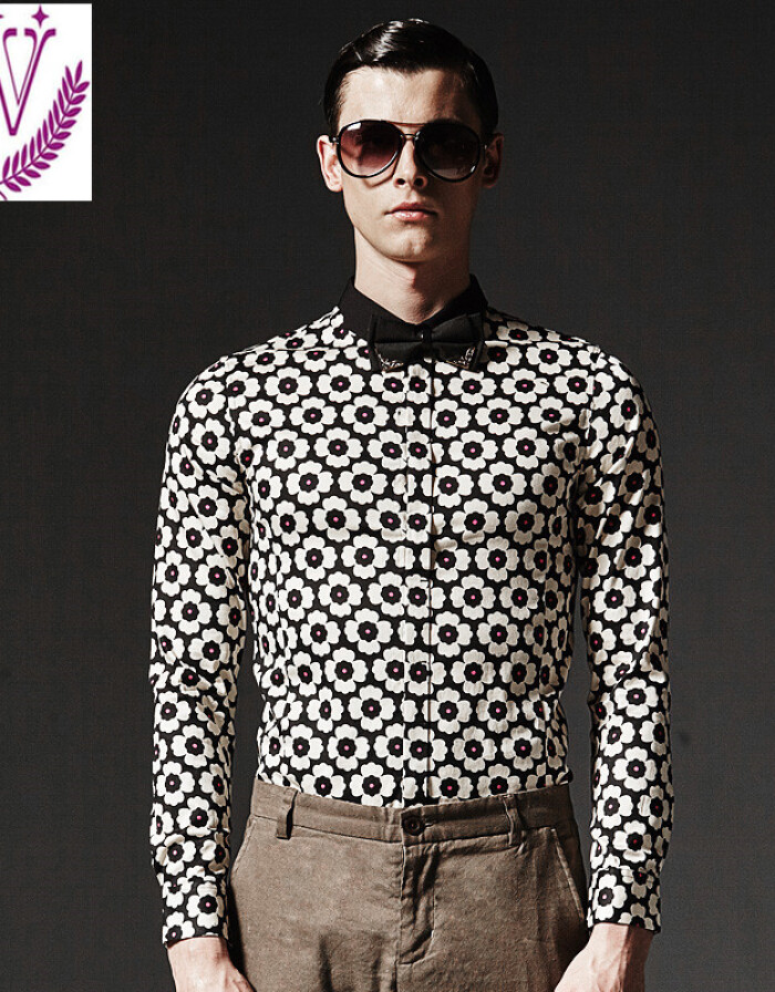 每購EASCO 2015年新款秋冬新款專柜產(chǎn)品 英式時(shí)尚梅花印花修身型男長袖襯衫 黑色 XXL